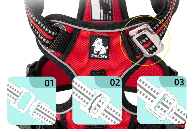 Dog Harness with Breathable Mesh Padding and reflective trim - Adjustable Lightweight Fit, Red, size XL