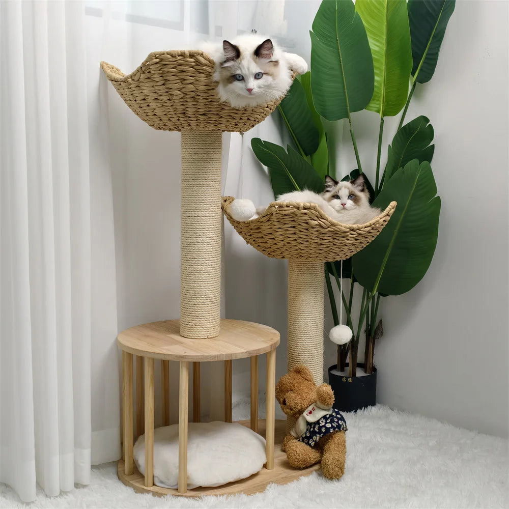 Wooden Cat Tree with Condo Baskets, Sisal scratching posts and Hanging Toy