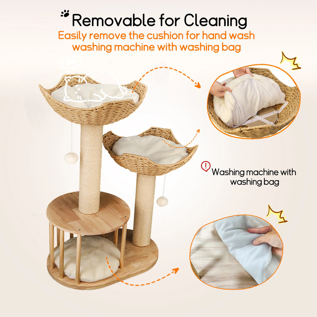Wooden Cat Tree with Condo Baskets, Sisal scratching posts and Hanging Toy