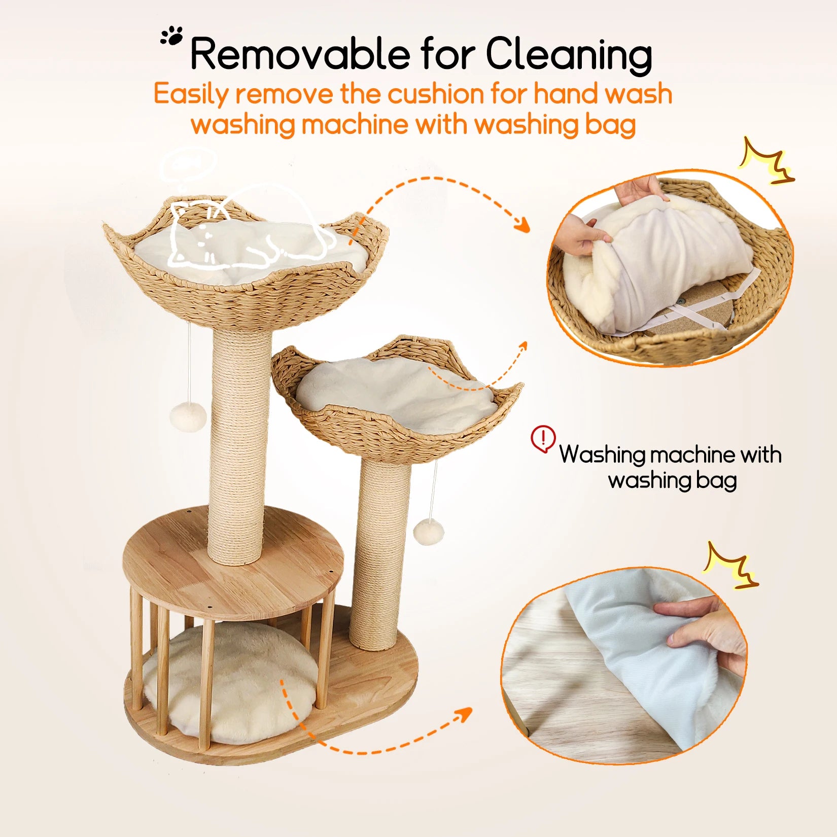 Wooden Cat Tree with Condo Baskets, Sisal scratching posts and Hanging Toy