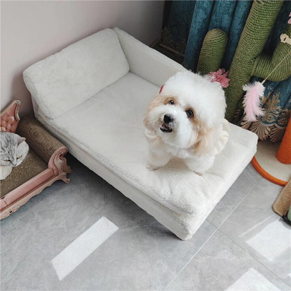 Luxury elevated Pet Lounger Sofa Bed with Plush Cushion and Wooden Legs Raised Backrest for Dogs and Cats. (Medium: 77.5 x 48cm, 25kg)