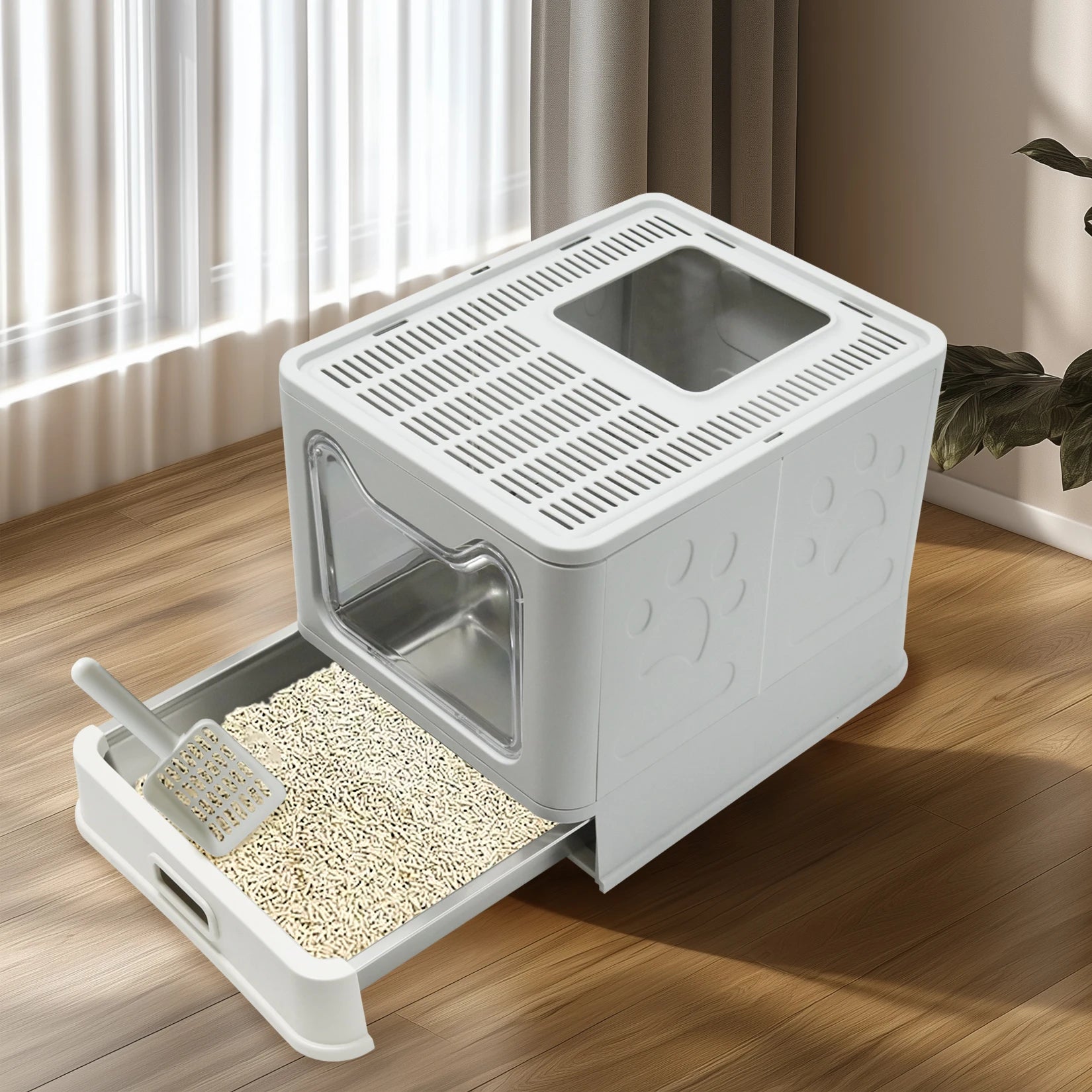 Cat Litter Box with Lid Front Entry Top Exit Stainless Steel Base Foldable Design. easy clean and scoop included