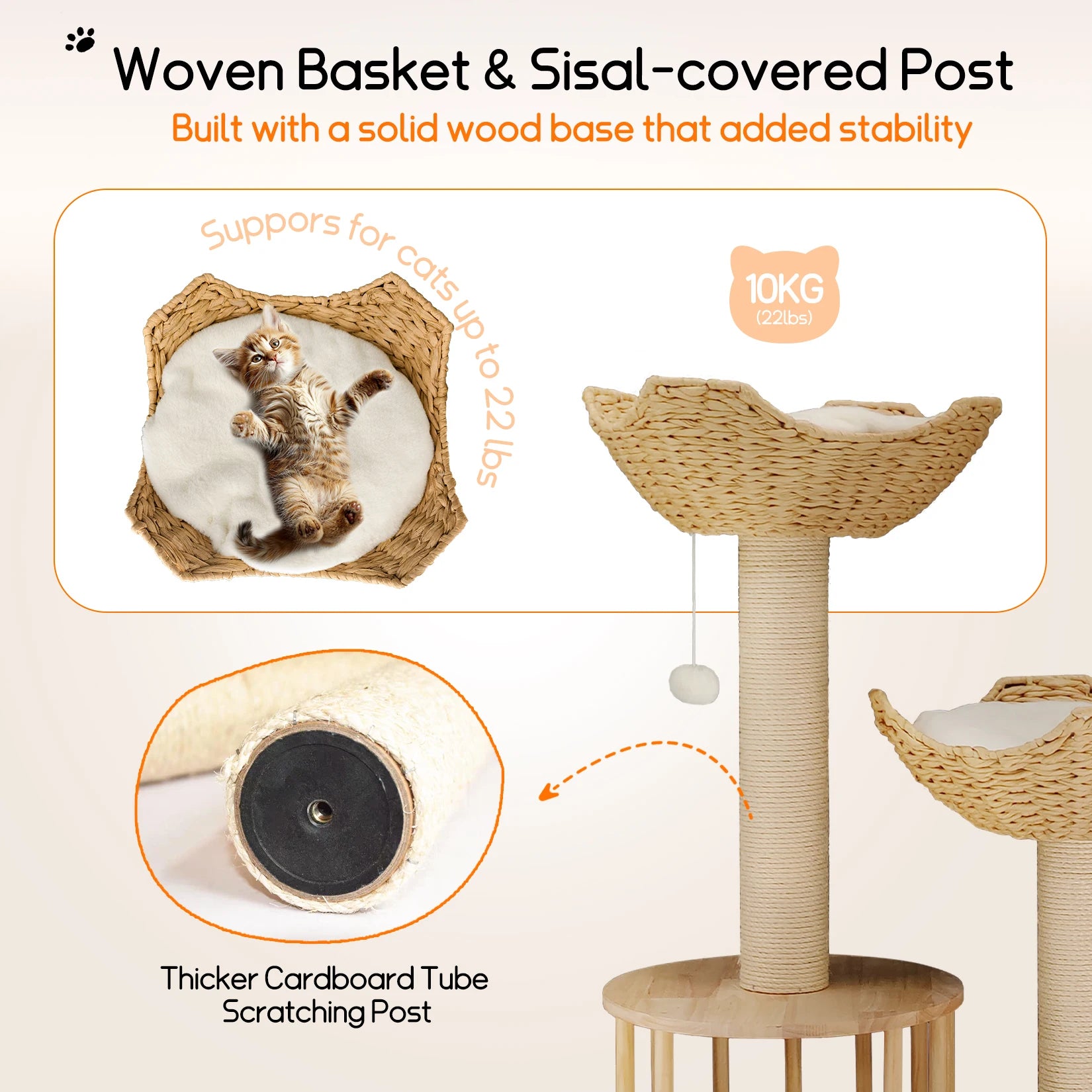 Wooden Cat Tree with Condo Baskets, Sisal scratching posts and Hanging Toy