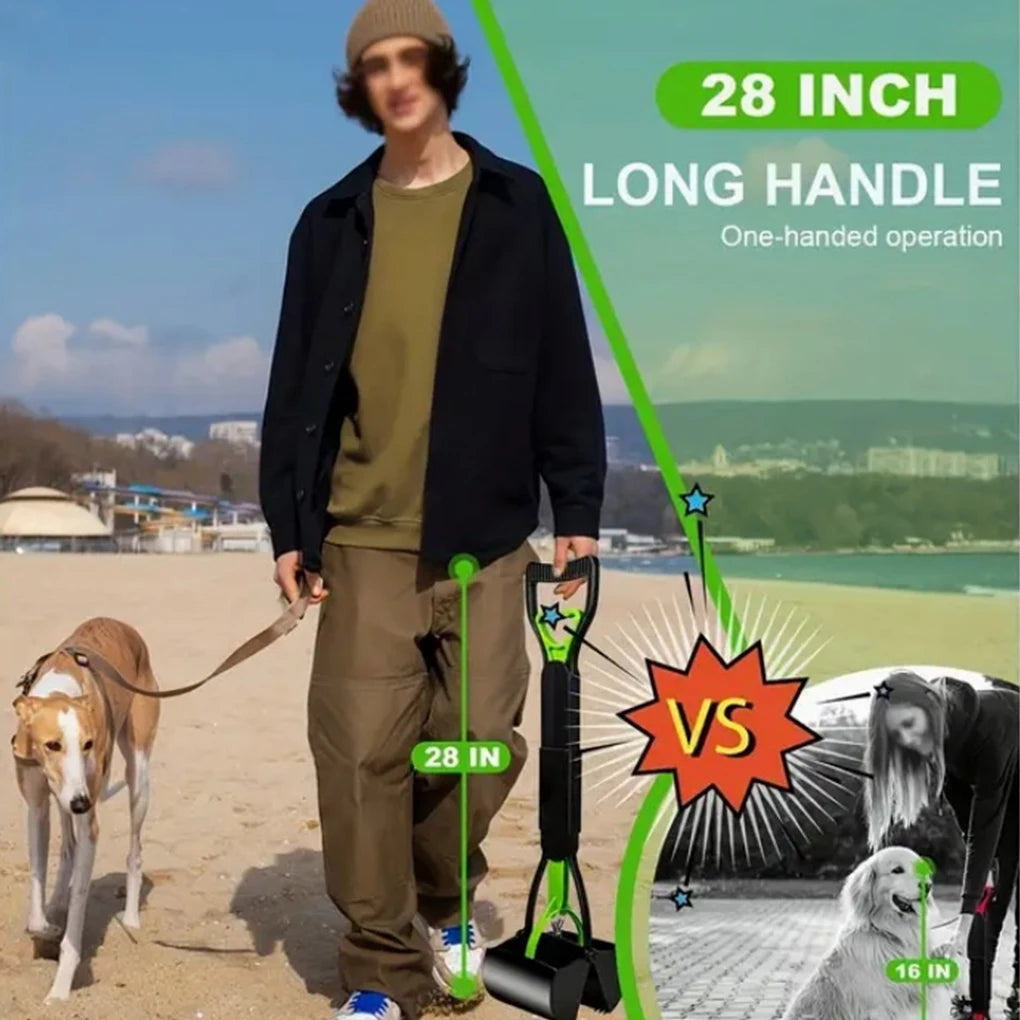 Foldable Dog Poop Scooper Long Handle Heavy Duty Jaw Clamp, Non Stick, Easy Clean