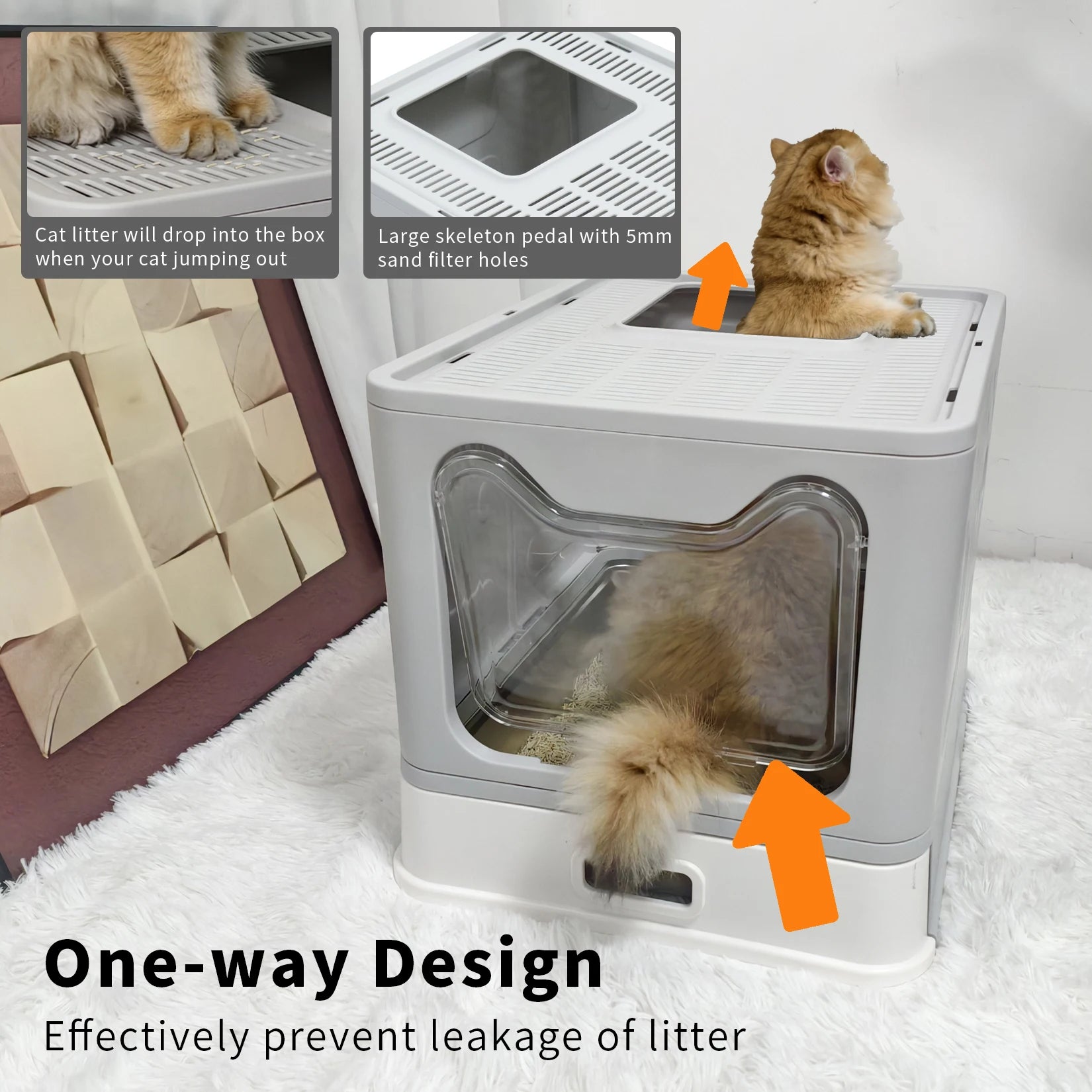 Cat Litter Box with Lid Front Entry Top Exit Stainless Steel Base Foldable Design. easy clean and scoop included