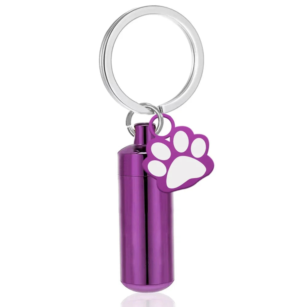 Paw Print Cylinder Pet Urn Pendant Keychain Stainless Steel with Funnel Included - Purple