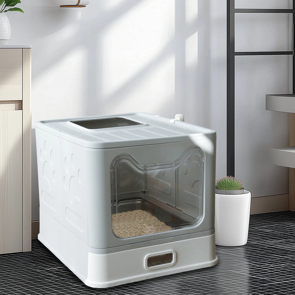 Cat Litter Box with Lid Front Entry Top Exit Stainless Steel Base Foldable Design. easy clean and scoop included
