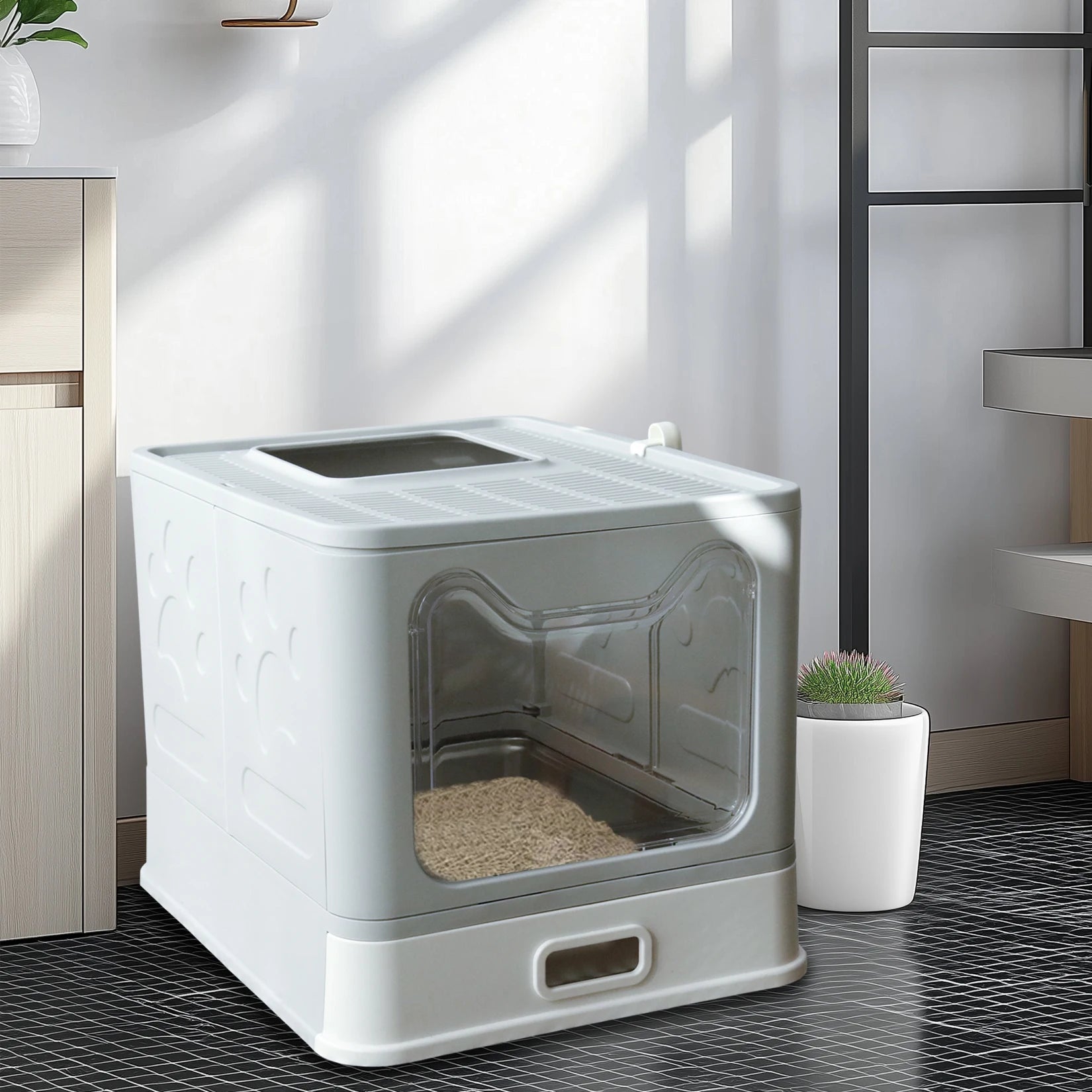 Cat Litter Box with Lid Front Entry Top Exit Stainless Steel Base Foldable Design. easy clean and scoop included