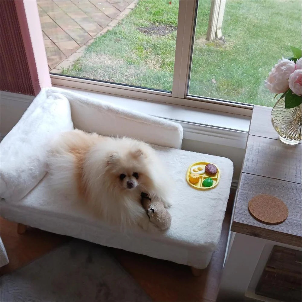 Luxury elevated Pet Lounger Sofa Bed with Plush Cushion and Wooden Legs Raised Backrest for Dogs and Cats. (Medium: 77.5 x 48cm, 25kg)