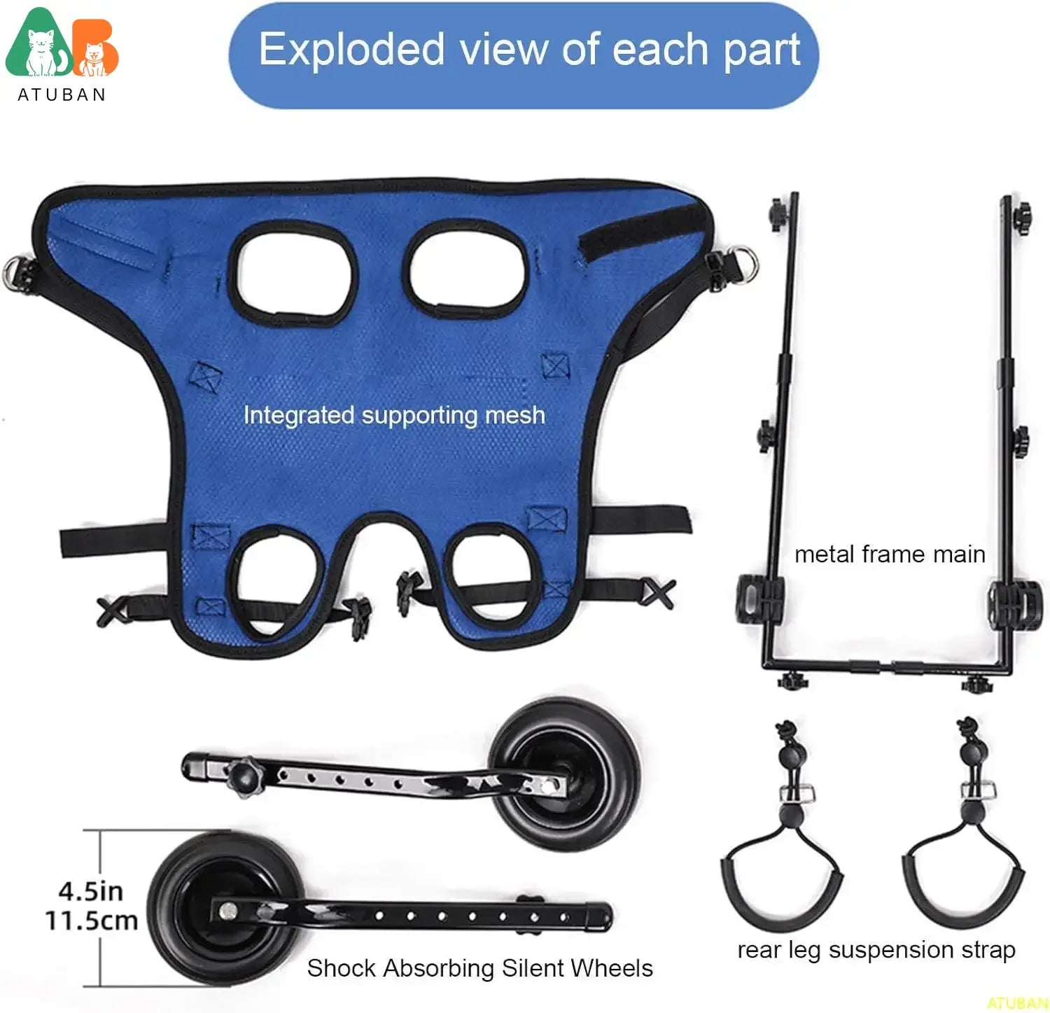 Adjustable Pet Wheelchair Cart for Dogs and Cats Lightweight Aluminum Frame Hind Leg Support, Size M (see sizing chart)