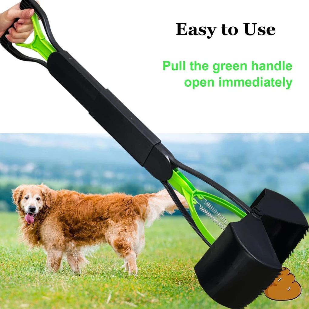 Foldable Dog Poop Scooper Long Handle Heavy Duty Jaw Clamp, Non Stick, Easy Clean