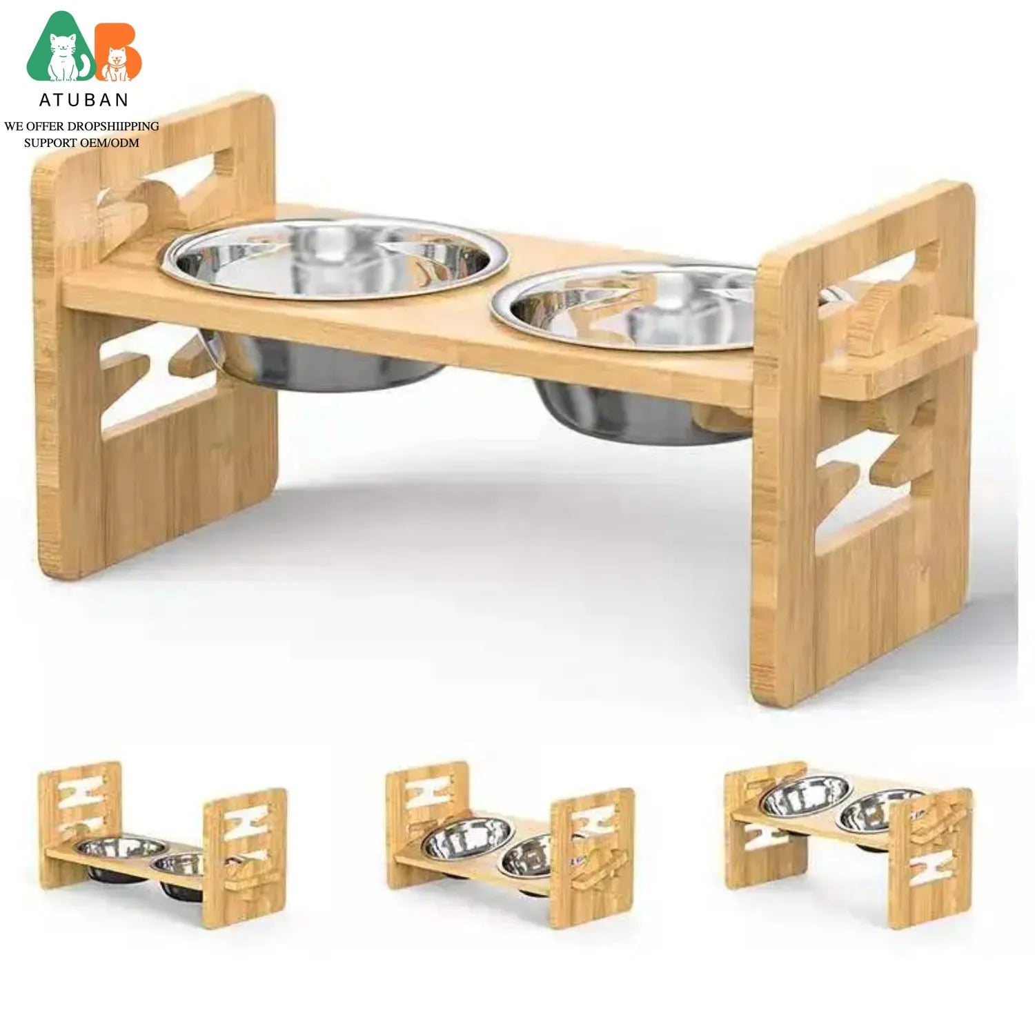 Adjustable Elevated Pet Food and Water Bowl Set Bamboo Stand Non Slip with 2 Stainless Steel Bowls