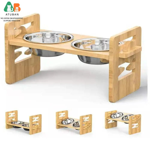 Adjustable Elevated Pet Food and Water Bowl Set Bamboo Stand Non Slip with 2 Stainless Steel Bowls