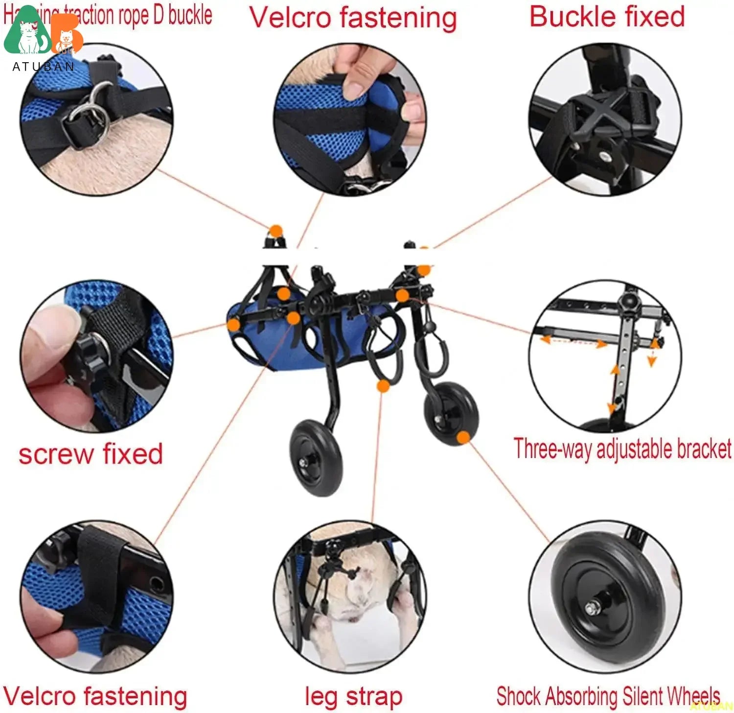 Adjustable Pet Wheelchair Cart for Dogs and Cats Lightweight Aluminum Frame Hind Leg Support, Size XS (see sizing chart)