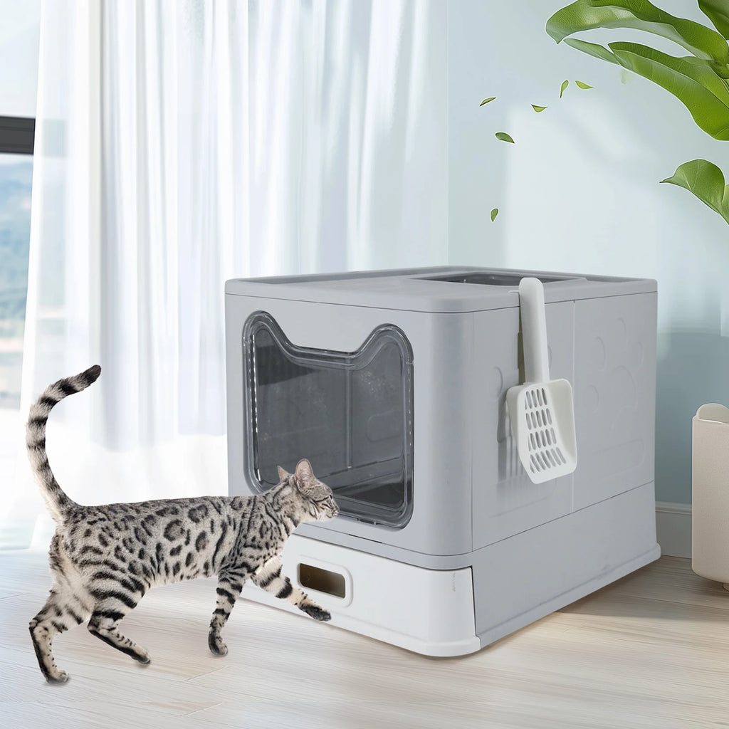 Cat Litter Box with Lid Front Entry Top Exit Stainless Steel Base Foldable Design. easy clean and scoop included