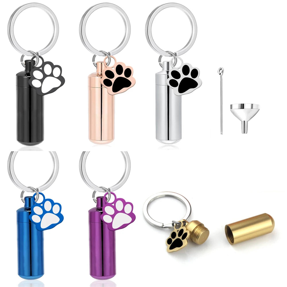 Paw Print Cylinder Pet Urn Pendant Keychain Stainless Steel with Funnel Included - Gold