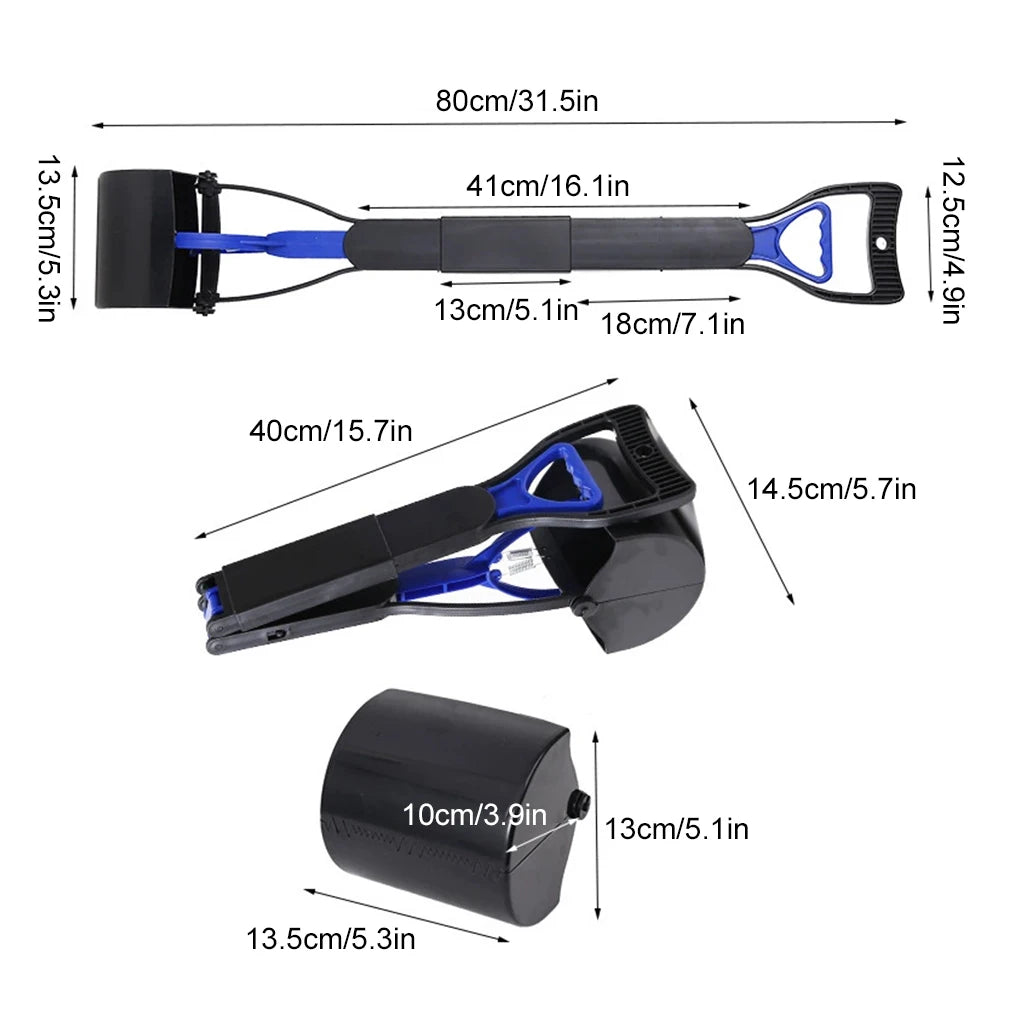 Foldable Dog Poop Scooper Long Handle Heavy Duty Jaw Clamp, Non Stick, Easy Clean