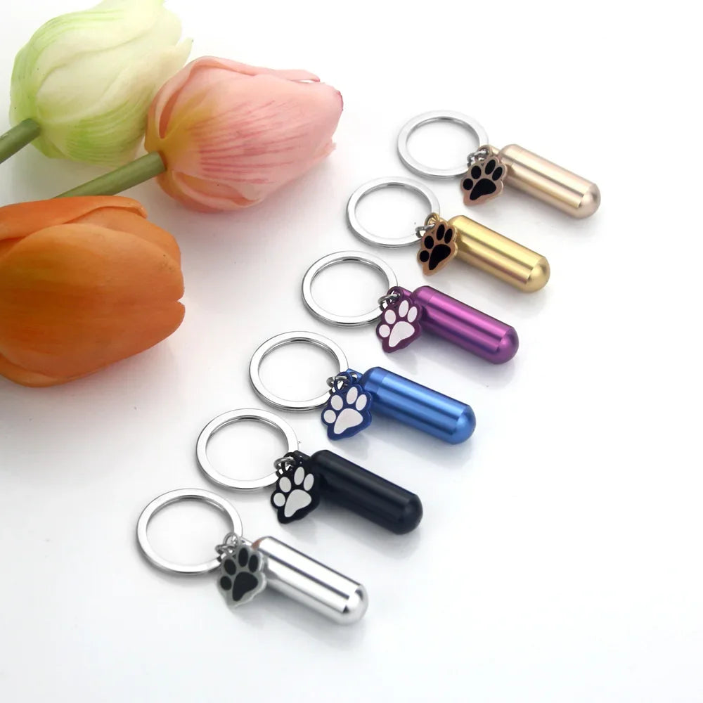 Paw Print Cylinder Pet Urn Pendant Keychain Stainless Steel with Funnel Included - Gold