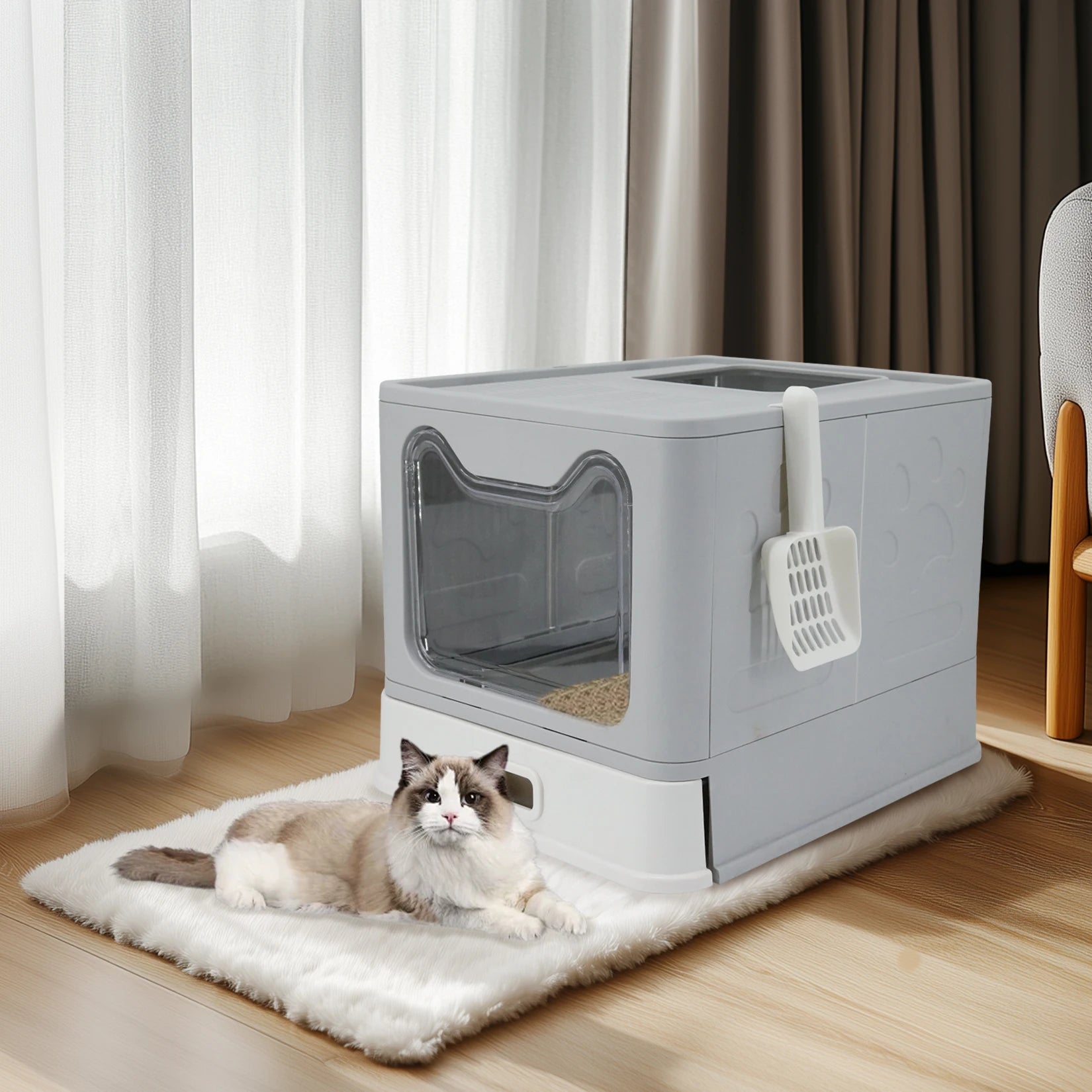 Cat Litter Box with Lid Front Entry Top Exit Stainless Steel Base Foldable Design. easy clean and scoop included
