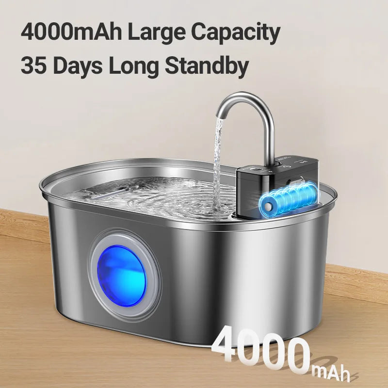 Stainless Steel Pet Water Fountain Cordless Rechargeable 3.2L with Smart Sensor Pump