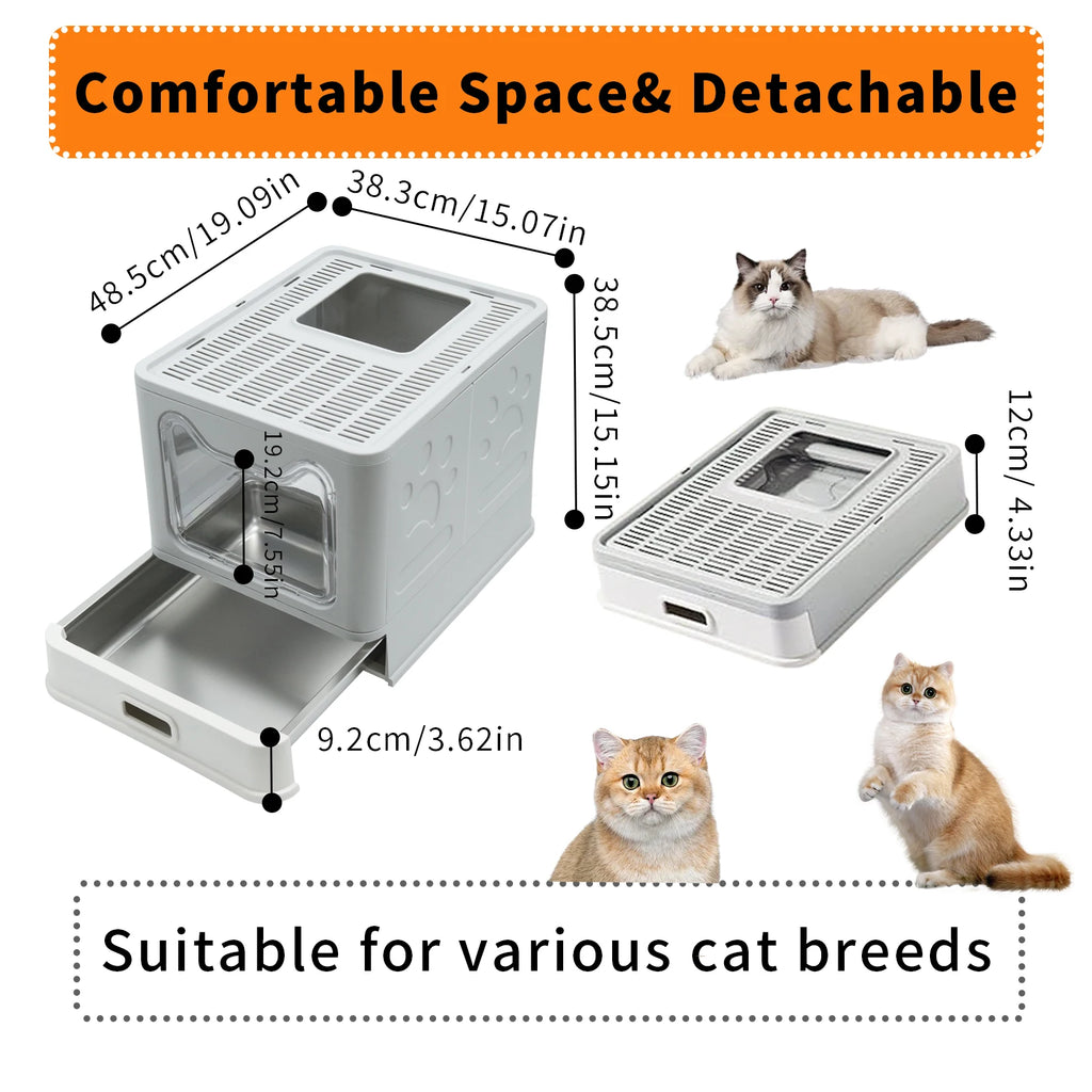 Cat Litter Box with Lid Front Entry Top Exit Stainless Steel Base Foldable Design. easy clean and scoop included