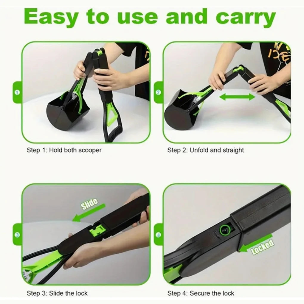 Foldable Dog Poop Scooper Long Handle Heavy Duty Jaw Clamp, Non Stick, Easy Clean