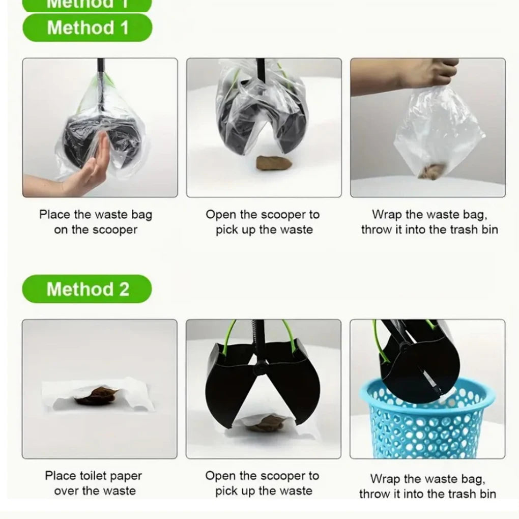 Foldable Dog Poop Scooper Long Handle Heavy Duty Jaw Clamp, Non Stick, Easy Clean