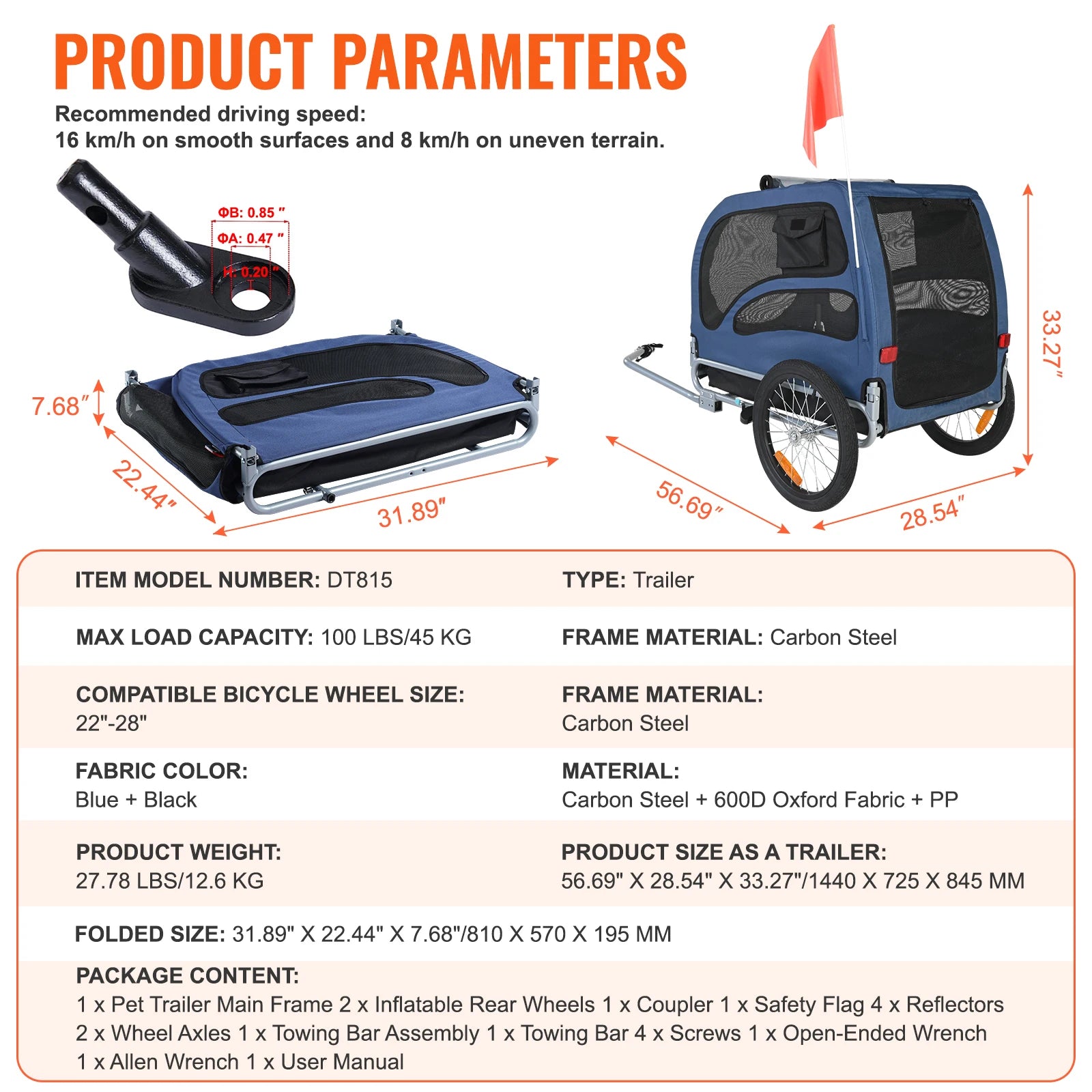 Dog Bicycle Trailer Carrier Foldable Heavy Duty Steel Frame 100lb Capacity with Reflectors Flag