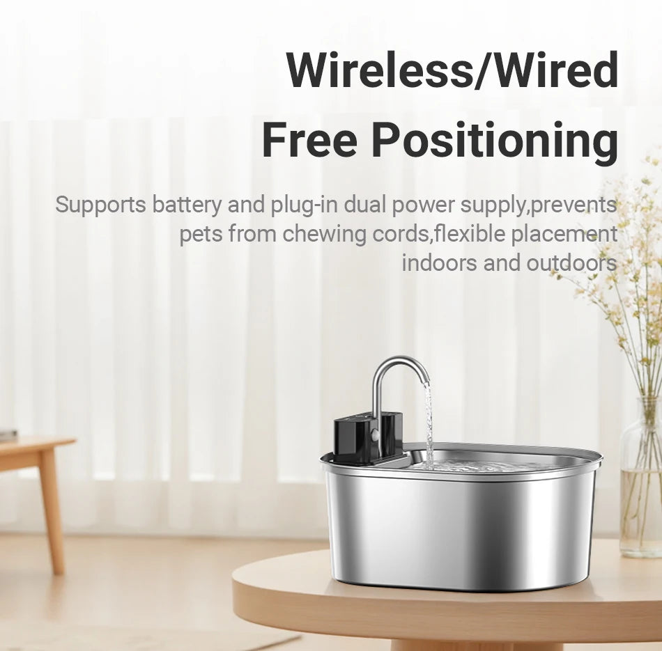 Stainless Steel Pet Water Fountain Cordless Rechargeable 3.2L with Smart Sensor Pump