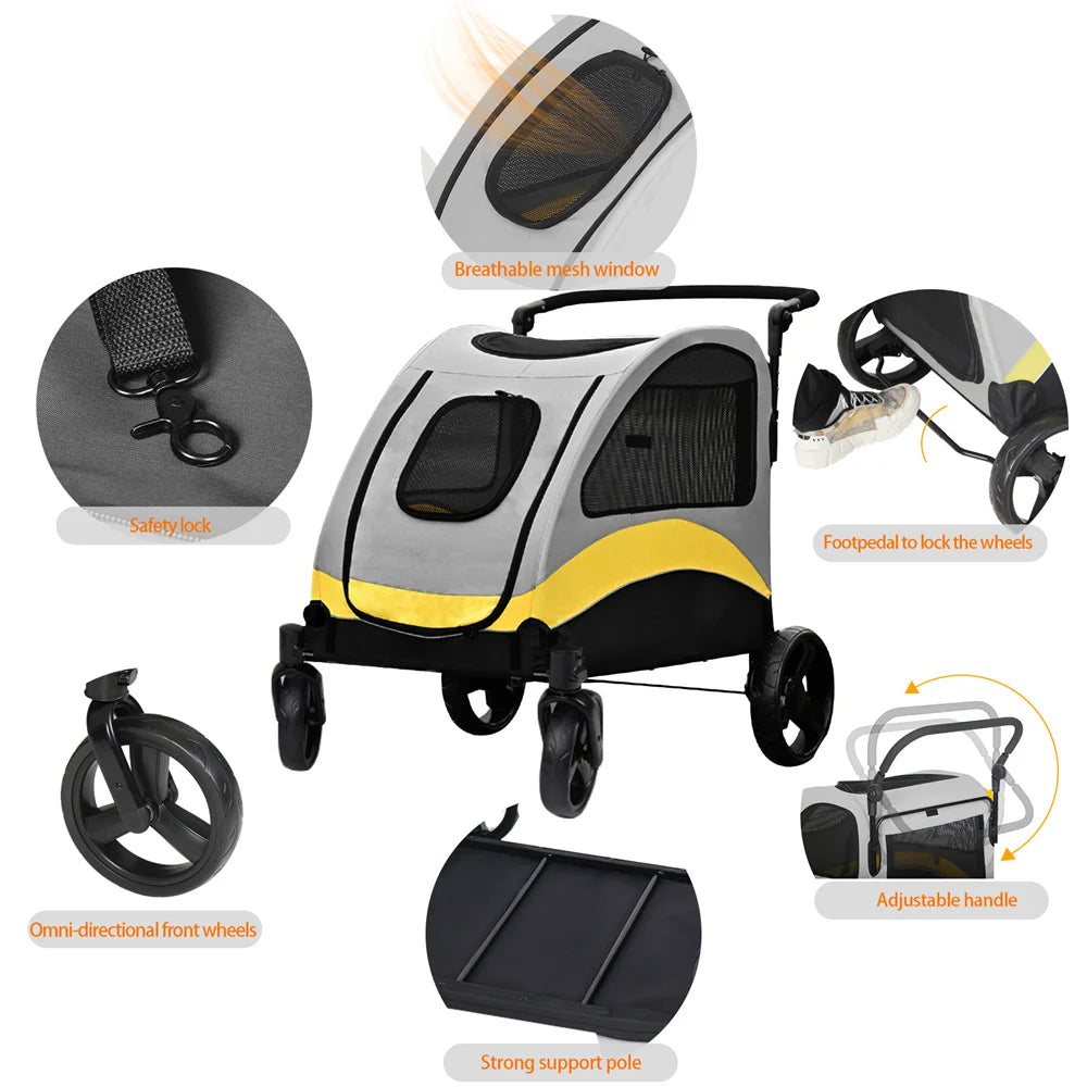 Heavy Duty Pet Stroller with 4 Wheels and Brake - Foldable. (Large)