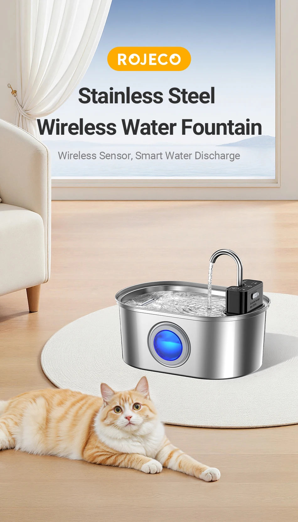 Stainless Steel Pet Water Fountain Cordless Rechargeable 3.2L with Smart Sensor Pump