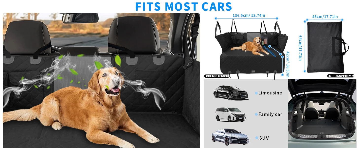 Waterproof Back Seat Extender Dog Car Seat Cover for Back Seat Bed with Mesh Window Storage Pocket Supports 220lbs Dog Hammock