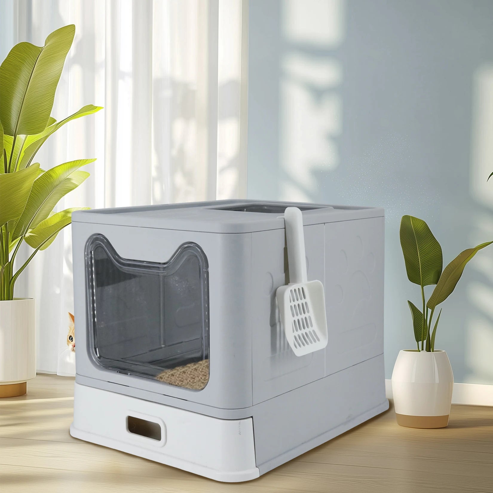 Cat Litter Box with Lid Front Entry Top Exit Stainless Steel Base Foldable Design. easy clean and scoop included