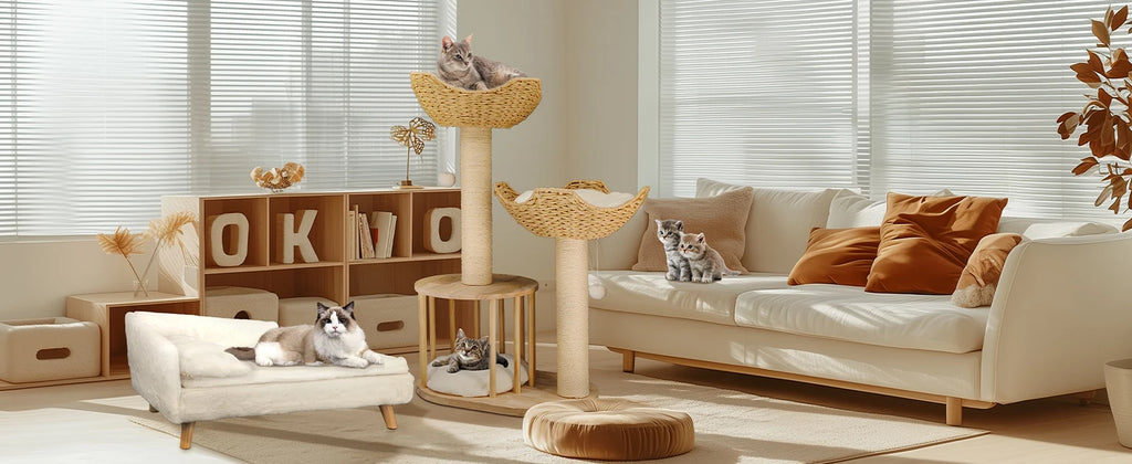 Wooden Cat Tree with Condo Baskets, Sisal scratching posts and Hanging Toy