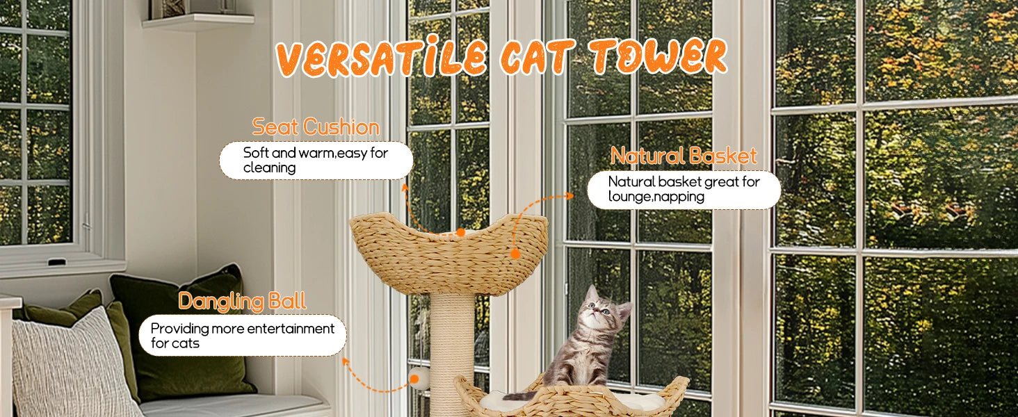 Wooden Cat Tree with Condo Baskets, Sisal scratching posts and Hanging Toy