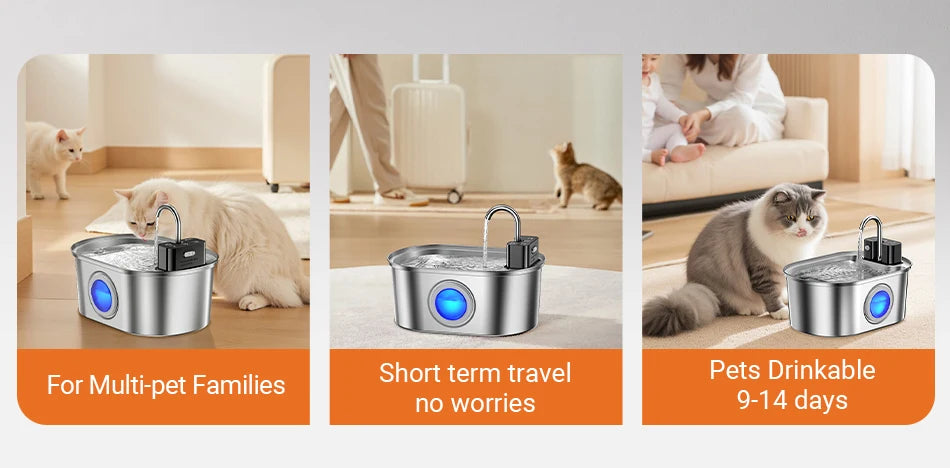 Stainless Steel Pet Water Fountain Cordless Rechargeable 3.2L with Smart Sensor Pump