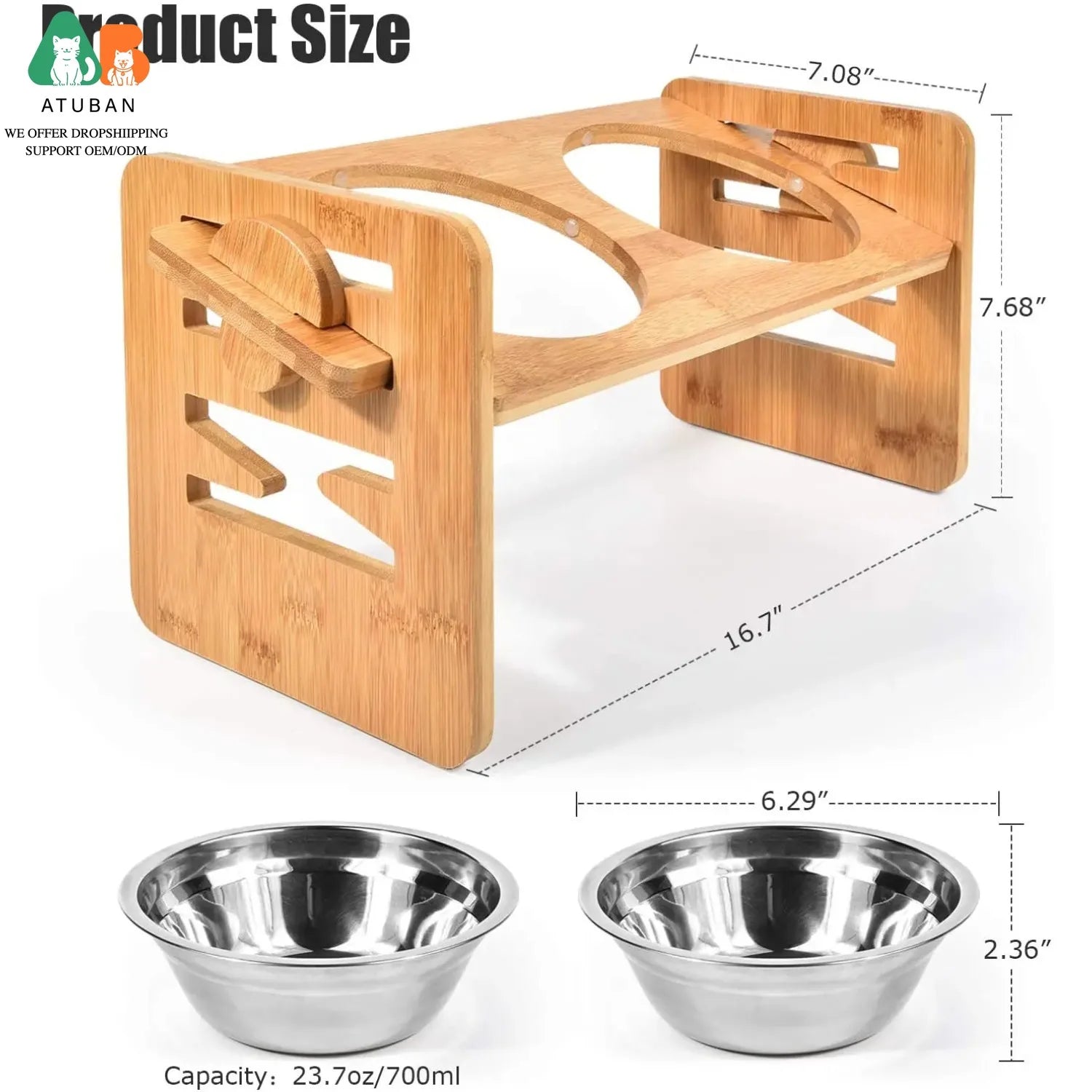 Adjustable Elevated Pet Food and Water Bowl Set Bamboo Stand Non Slip with 2 Stainless Steel Bowls