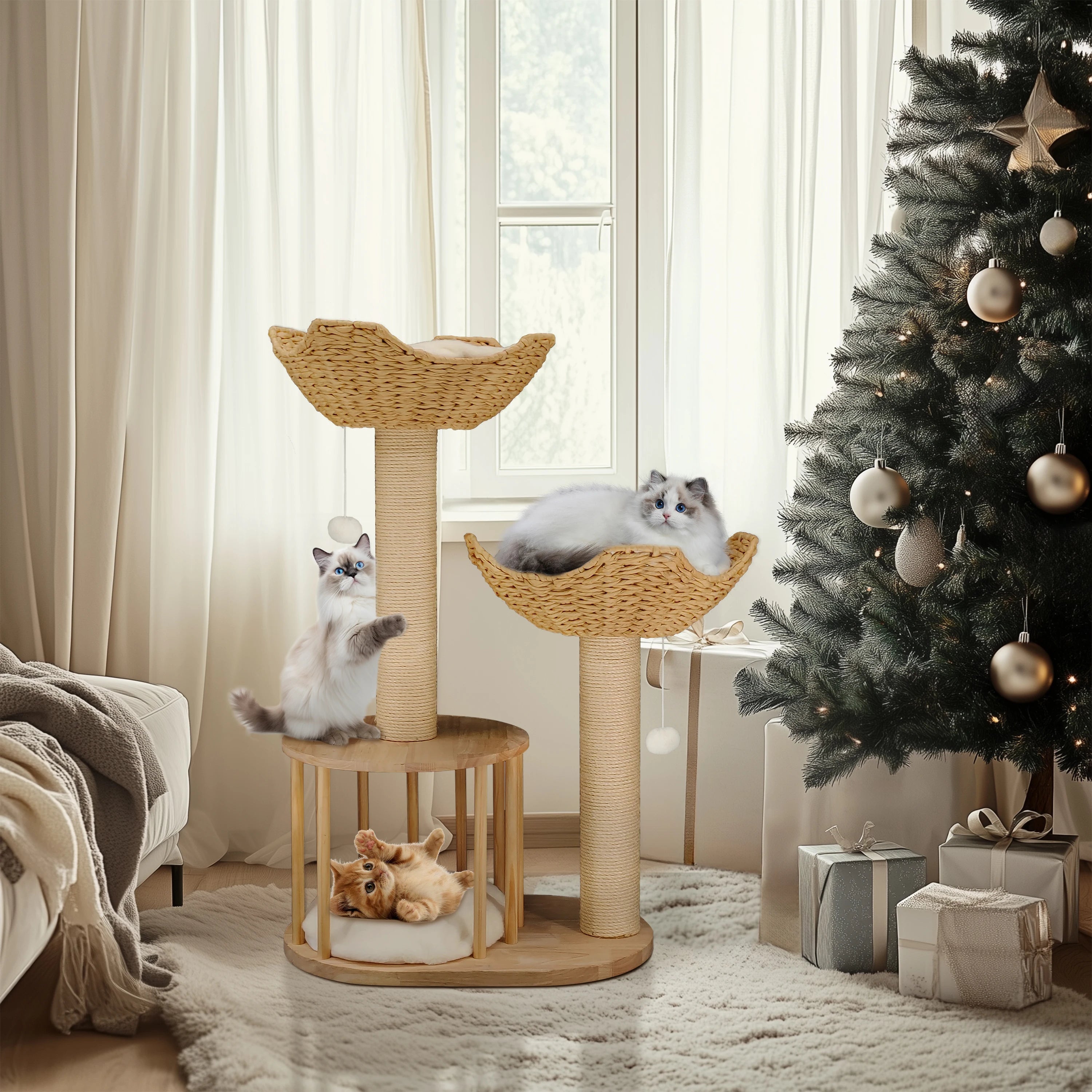 Wooden Cat Tree with Condo Baskets, Sisal scratching posts and Hanging Toy