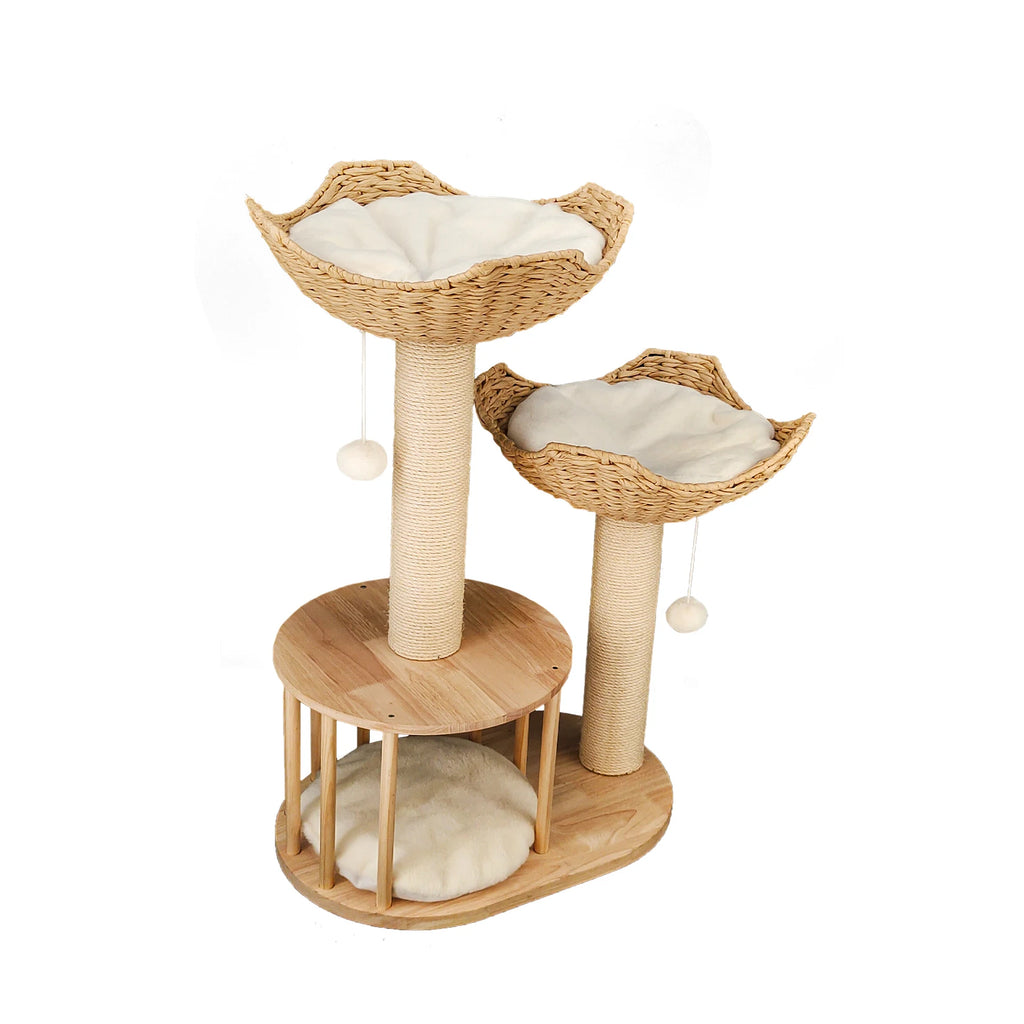 Wooden Cat Tree with Condo Baskets, Sisal scratching posts and Hanging Toy