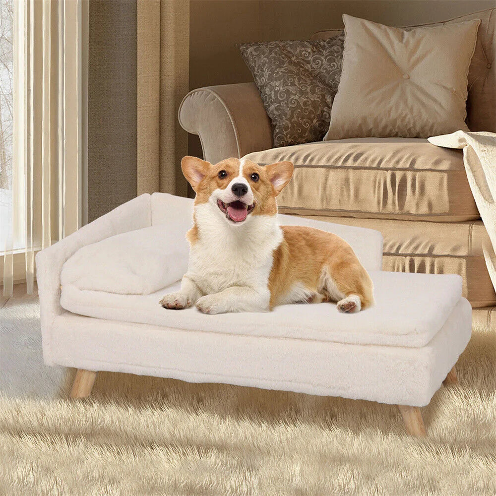 Luxury elevated Pet Lounger Sofa Bed with Plush Cushion and Wooden Legs Raised Backrest for Dogs and Cats. (Small 67.5 x 38cm, 20kg)