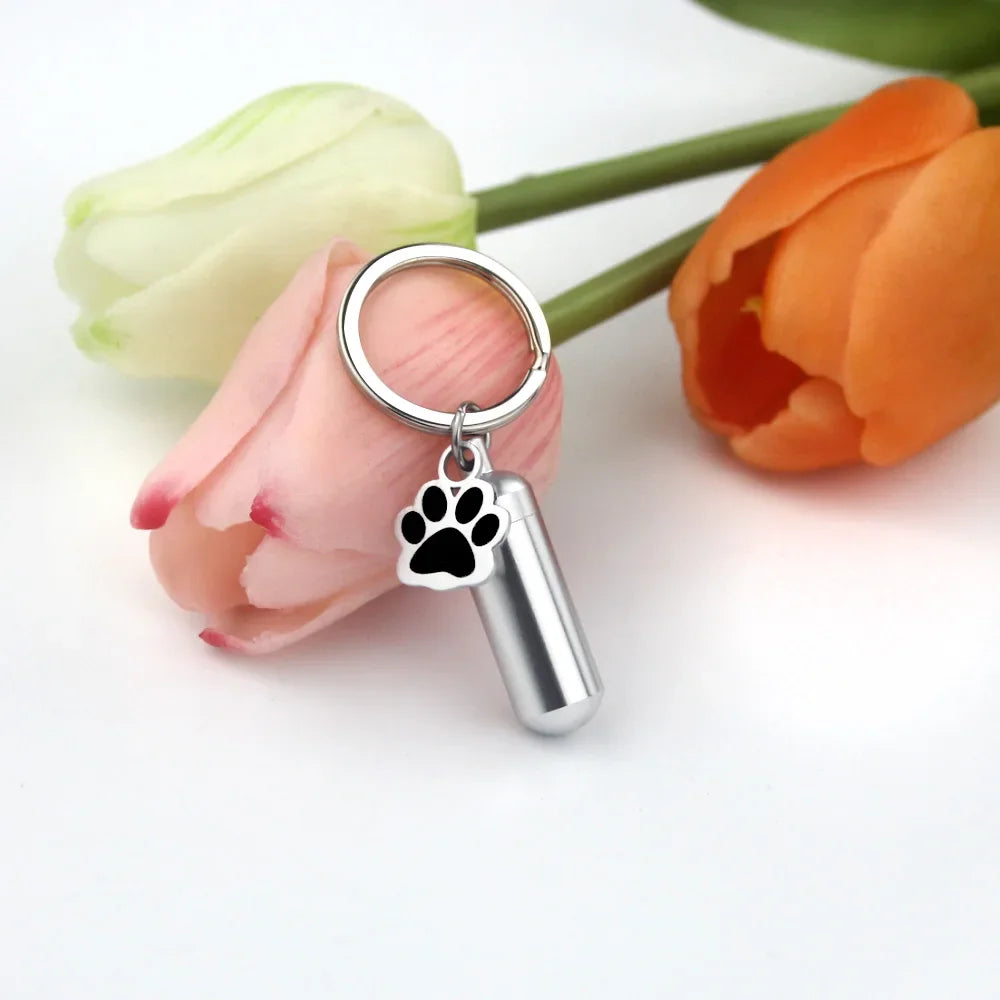 Paw Print Cylinder Pet Urn Pendant Keychain Stainless Steel with Funnel Included - Rose Gold
