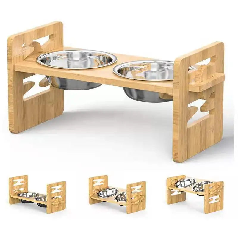 Adjustable Elevated Pet Food and Water Bowl Set Bamboo Stand Non Slip with 2 Stainless Steel Bowls