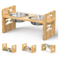 Adjustable Elevated Pet Food and Water Bowl Set Bamboo Stand Non Slip with 2 Stainless Steel Bowls