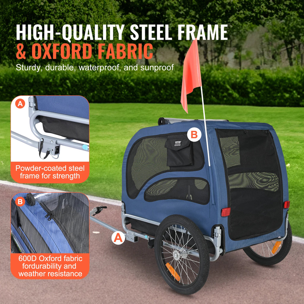Dog Bicycle Trailer Carrier Foldable Heavy Duty Steel Frame 100lb Capacity with Reflectors Flag
