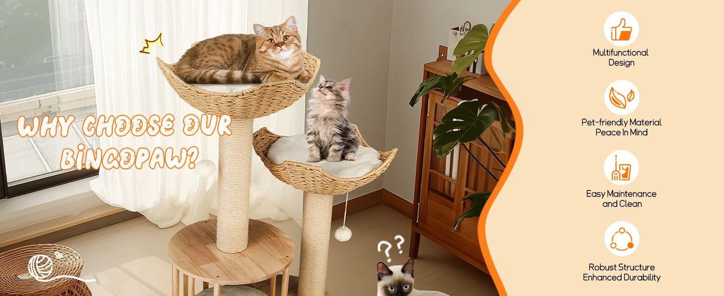 Wooden Cat Tree with Condo Baskets, Sisal scratching posts and Hanging Toy