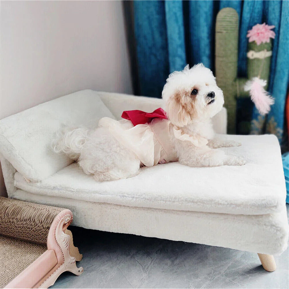 Luxury elevated Pet Lounger Sofa Bed with Plush Cushion and Wooden Legs Raised Backrest for Dogs and Cats. (Medium: 77.5 x 48cm, 25kg)