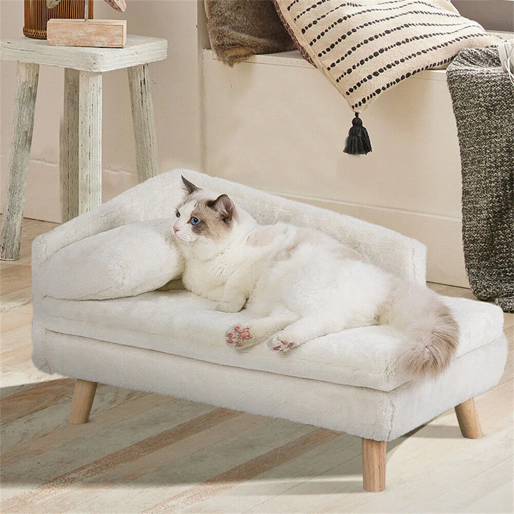 Luxury elevated Pet Lounger Sofa Bed with Plush Cushion and Wooden Legs Raised Backrest for Dogs and Cats. (Small 67.5 x 38cm, 20kg)