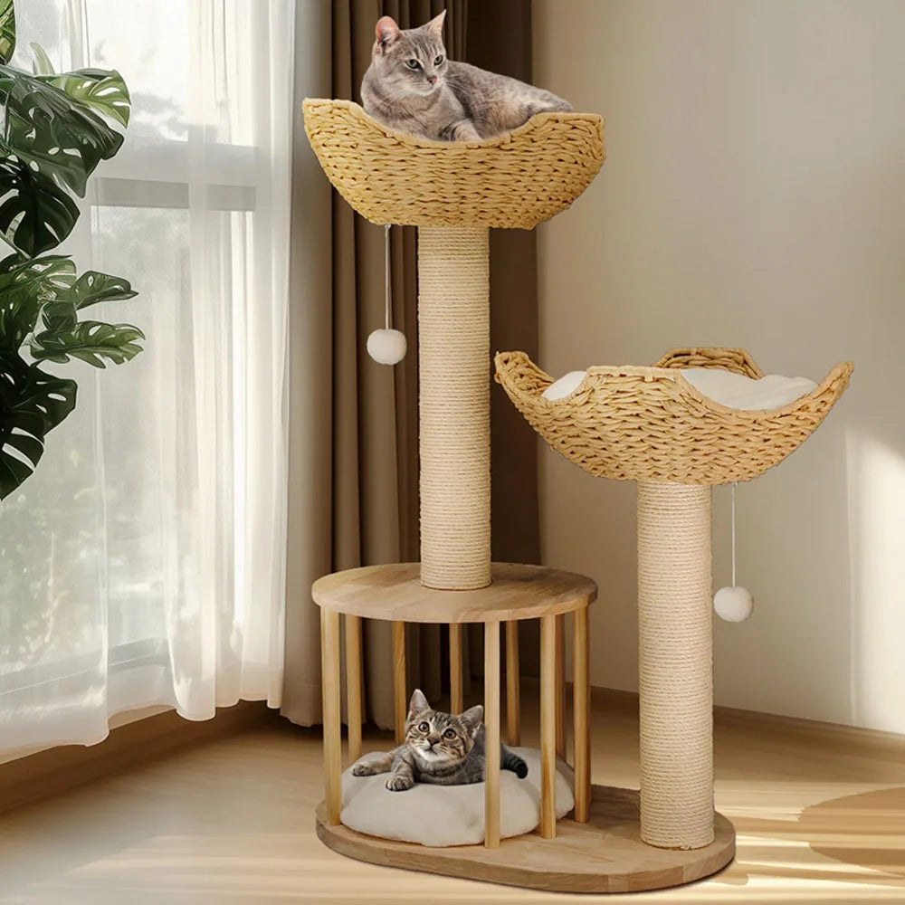 Wooden Cat Tree with Condo Baskets, Sisal scratching posts and Hanging Toy