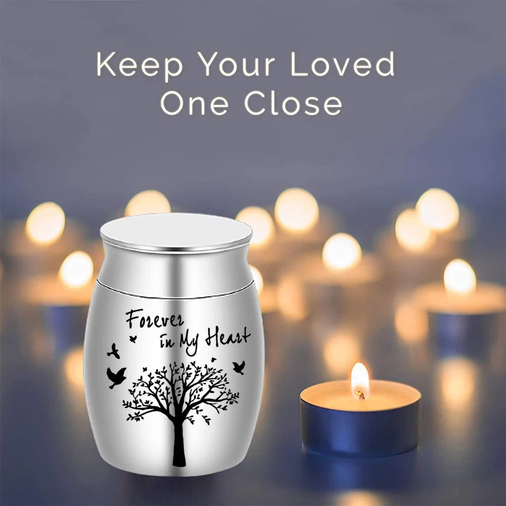 Mini Memorial Urn Tree of Life Aluminium Alloy Lightweight Keepsake Holder - Silver
