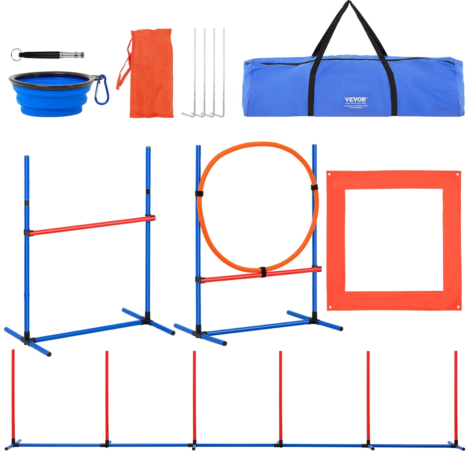 Dog Agility Training Equipment Set with Adjustable Hurdles and Weave Poles - 7 Piece